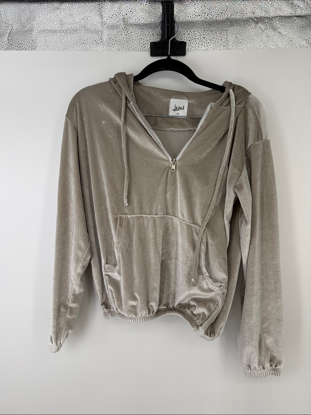 Lezat Taupe Velour Half-Zip Hoodie XS